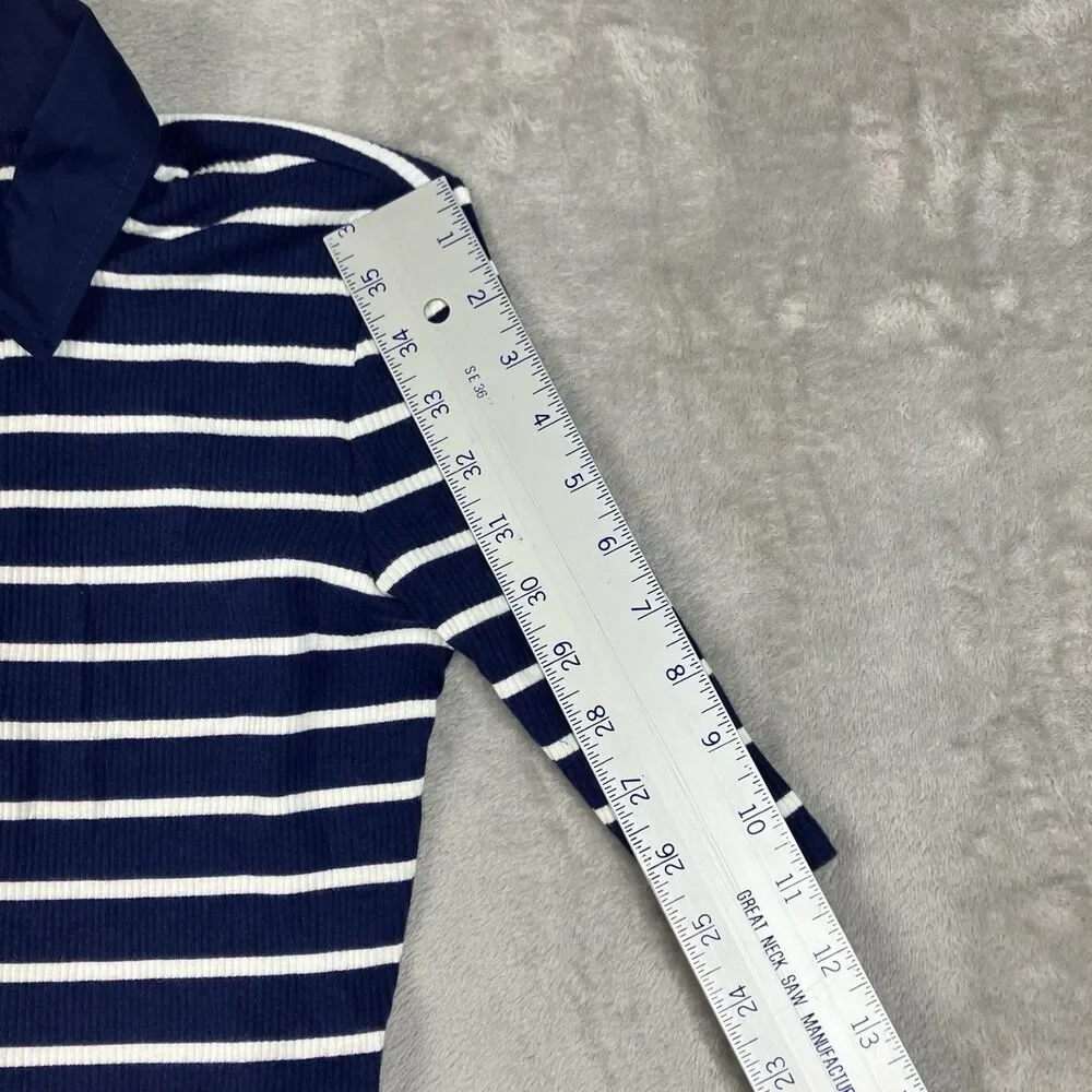 J Crew Polo Midi Dress Womens XS Blue Striped Collared Fit Flare Coastal CR821